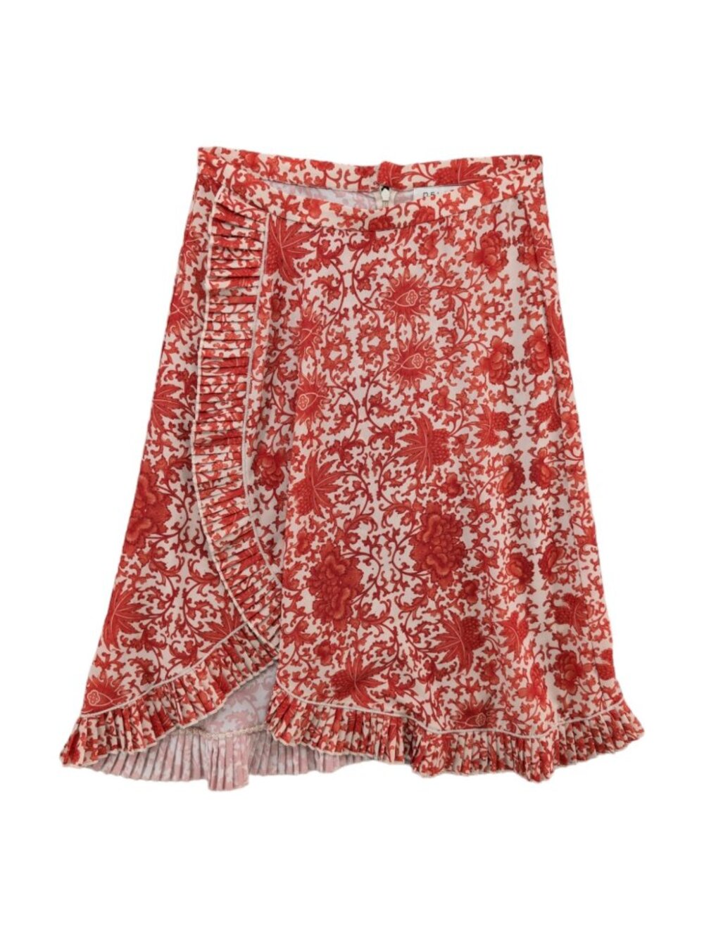Delfi Collective Midi Skirt Red Cream Floral Ruffle Hem Boho Made in USA Size S